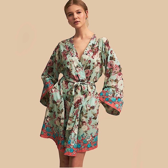 Feathers By Tolani Anthropologi blues red FloralBoho Kimono RobeDress